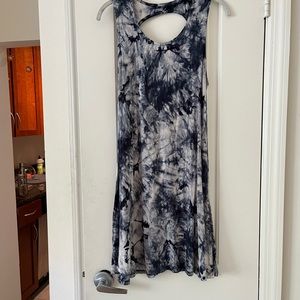 Blue and white tie dye sleeveless dress with cutout in back